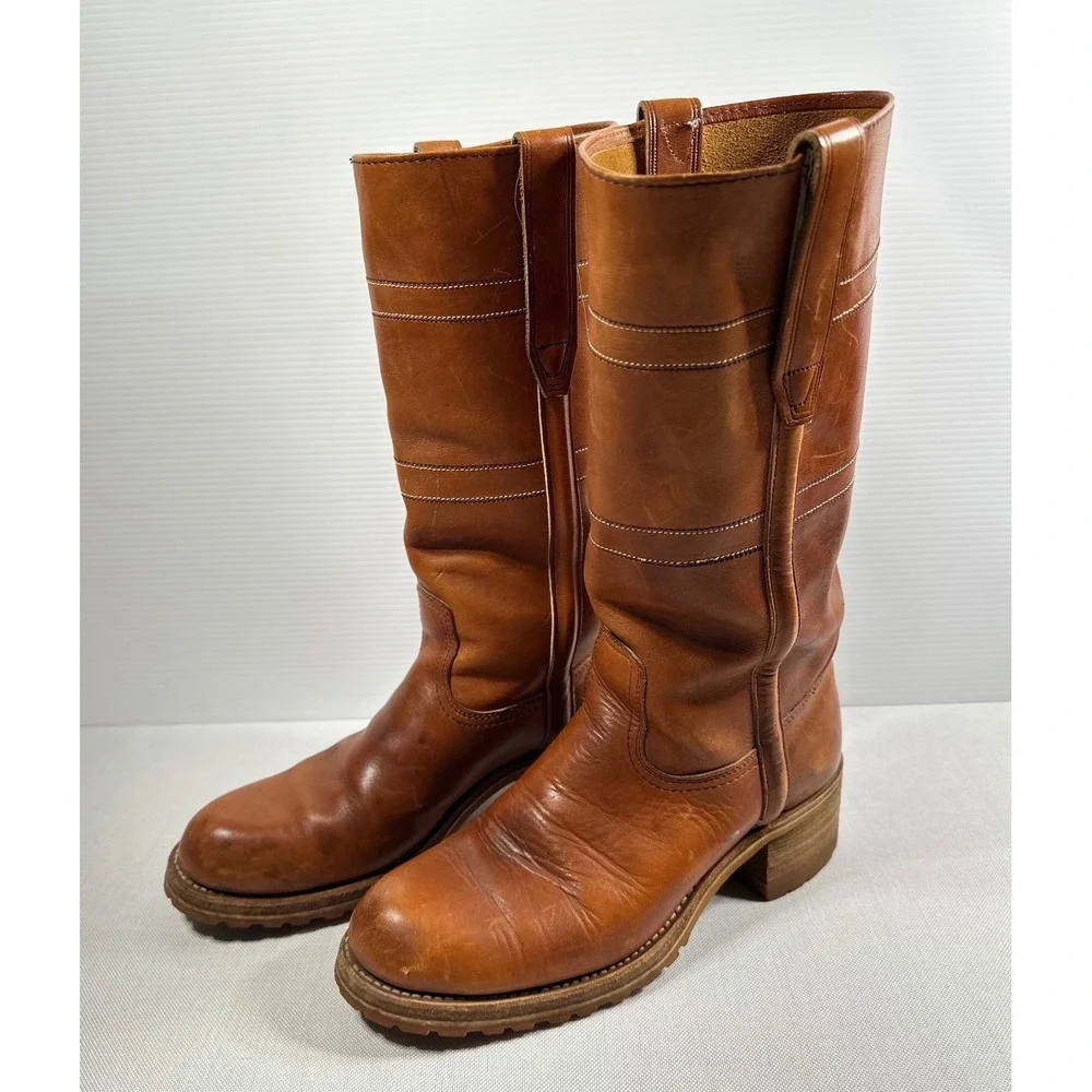 Vintage Tall Leather Pull On Boots Mens 8.5 Tan Good Vibram Lug Sole Work Moto